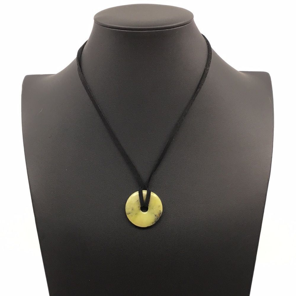 Olive Jade Disc Necklace on Black Suede Cord with silver tone hardware